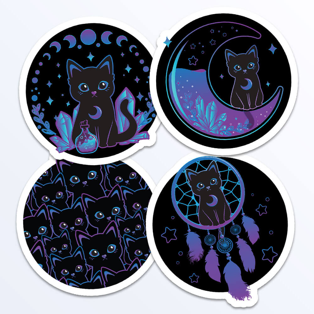 Witchy Black Cat Kawaii Stickers - Set of 4
