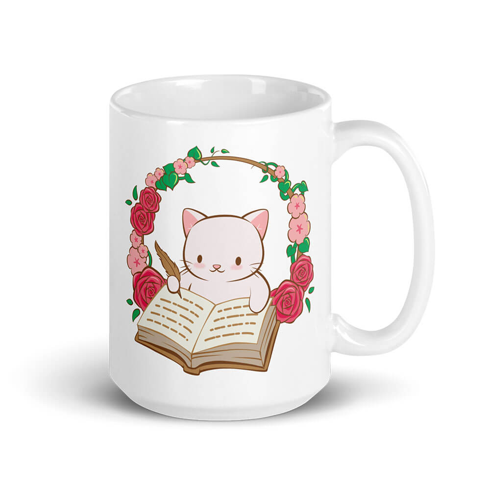 Writing Cat Cute Kawaii Mug for Writers, White 15 oz