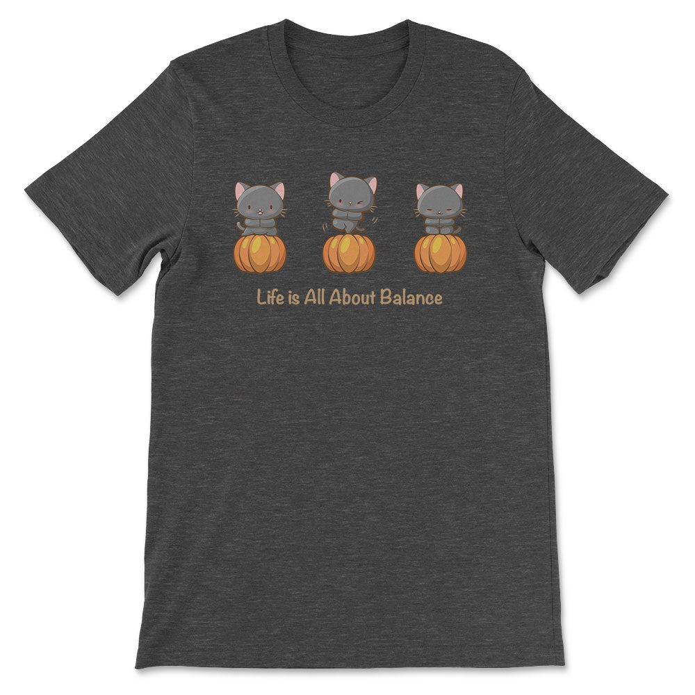 Yoga Cats on Pumpkins Kawaii T-shirt for Fall - Dark Grey Heather