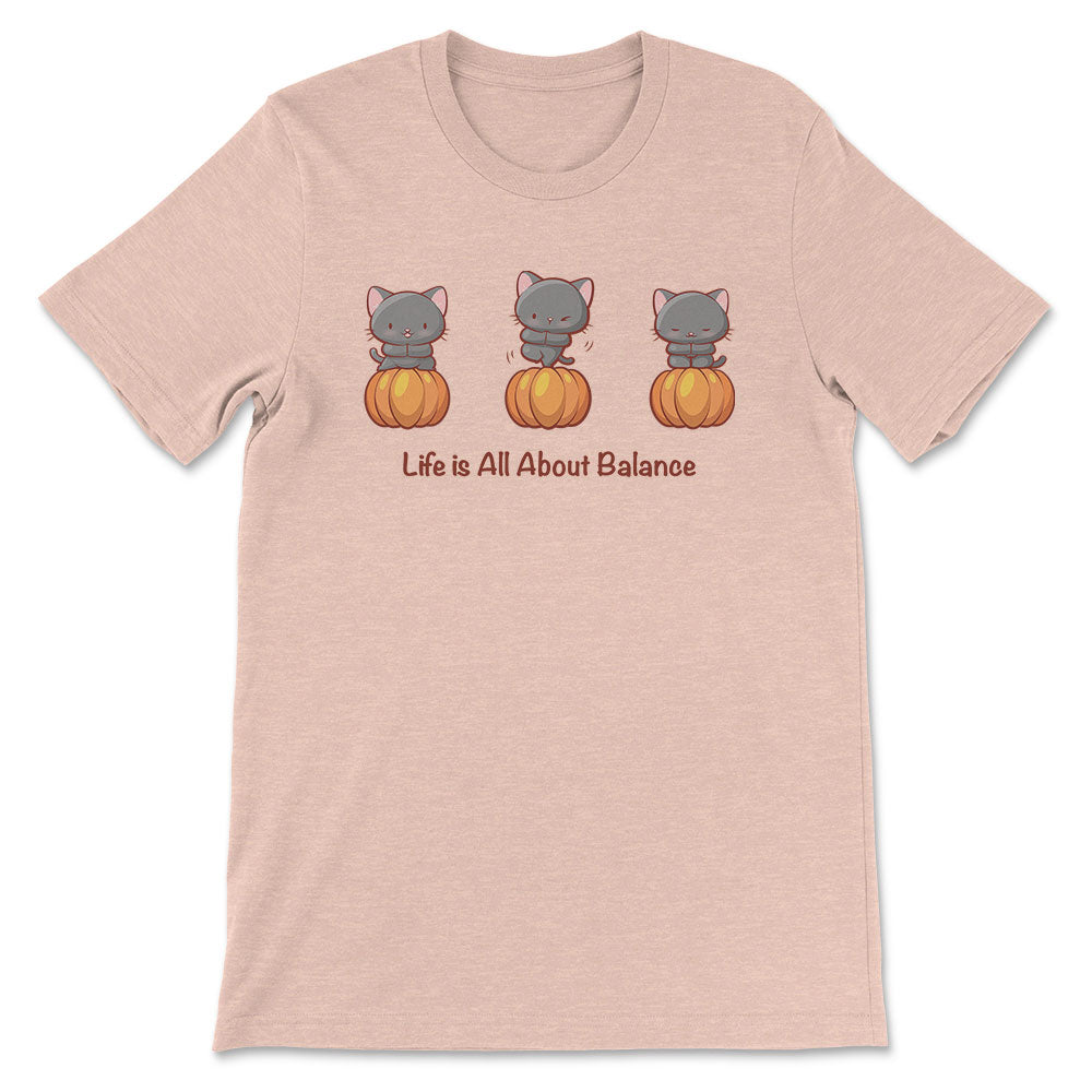 Yoga Cats on Pumpkins Kawaii T-shirt for Fall - Heather Peach