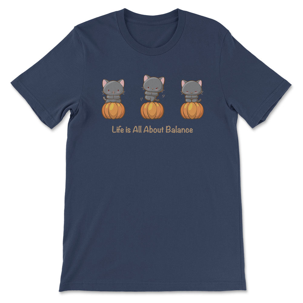 Yoga Cats on Pumpkins Kawaii T-shirt for Fall - Navy