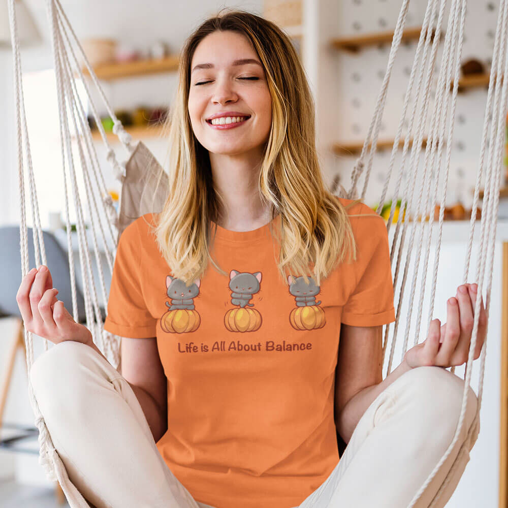 Yoga Cats on Pumpkins Kawaii T-shirt for Fall for Women