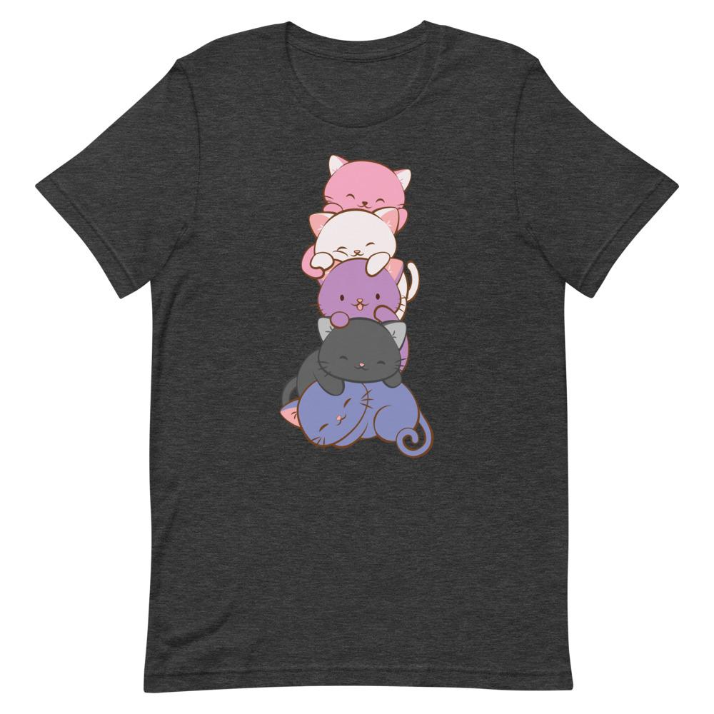 Kawaii Cat Pile Genderfluid Pride T-Shirt S / Dark Grey Heather