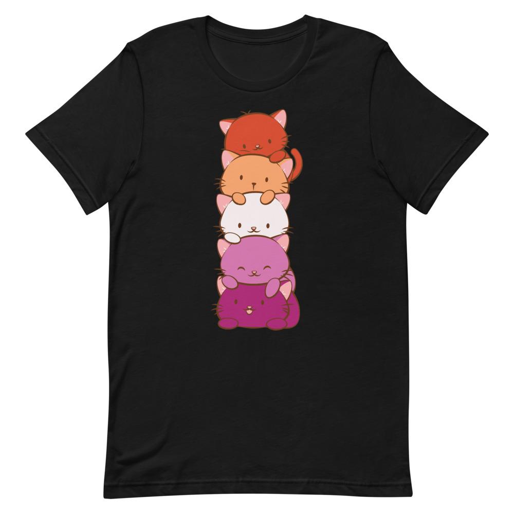 Kawaii Cat Pile Lesbian Pride T-Shirt S / Black