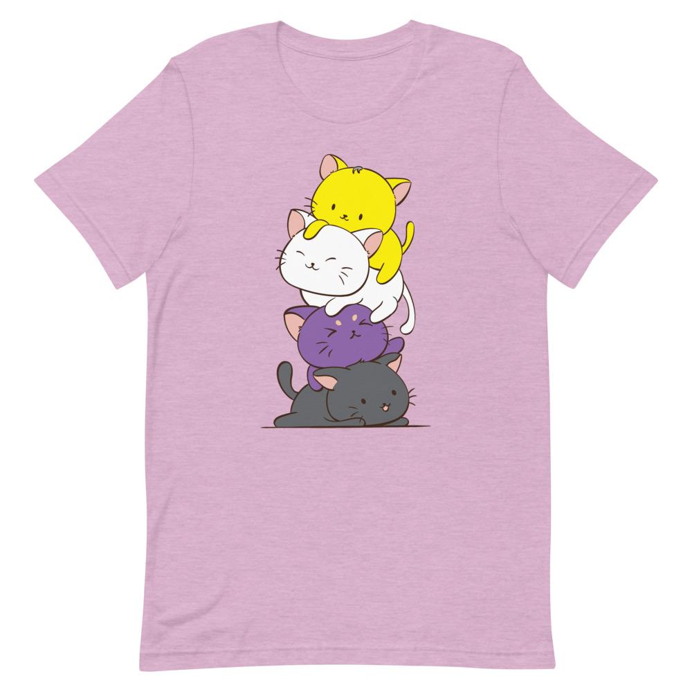 Kawaii Cat Pile Non-Binary Pride T-Shirt S / Heather Prism Lilac