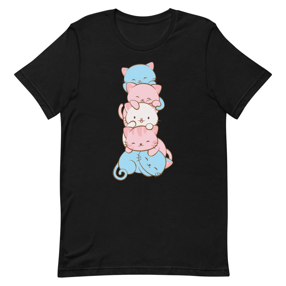 Kawaii Cat Pile Transgender Pride T-Shirt S / Black