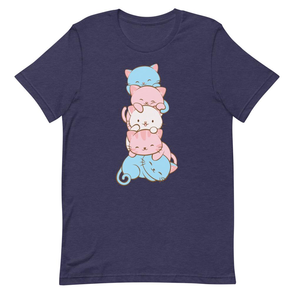 Kawaii Cat Pile Transgender Pride T-Shirt S / Heather Midnight Navy