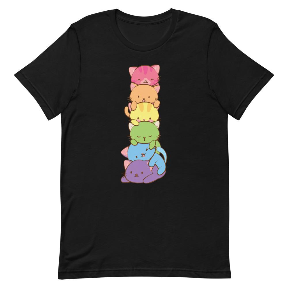 Kawaii Rainbow Cat Pile Gay Pride T-Shirt S / Black