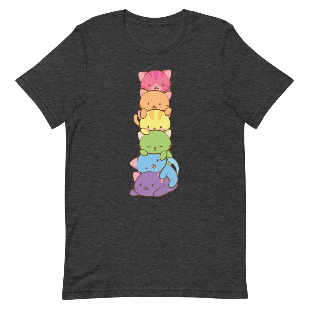 Kawaii Rainbow Cat Pile Gay Pride T-Shirt S / Dark Grey Heather